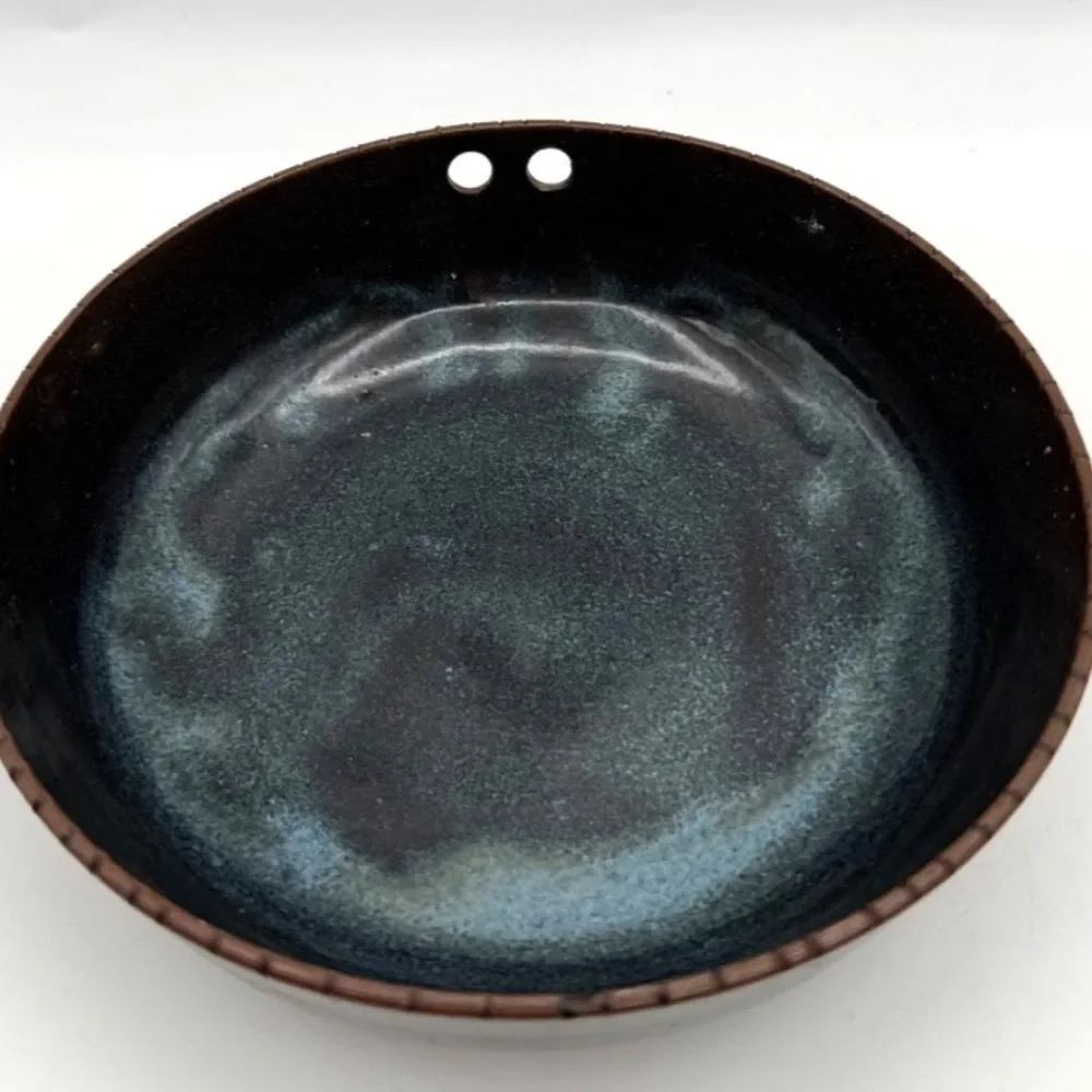 Vintage Japanese Ramen Bowls Chopstick Holes Blue Glaze 6